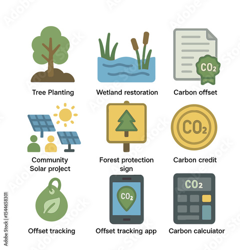 Carbon Offset Icons. Flat icon set of carbon offset strategies: tree planting, wetland restoration, carbon