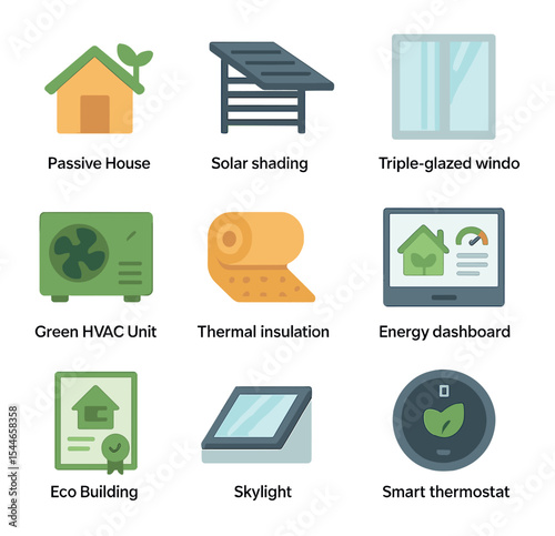 Zero-Emission Building Icons. Flat icon set of zero-emission building design: passive house, solar shading