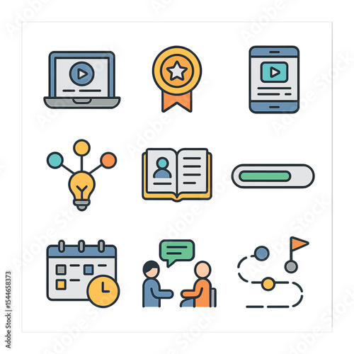 Upskilling Icon Set. Flat icon set of upskilling and lifelong learning: online course, certification badge,