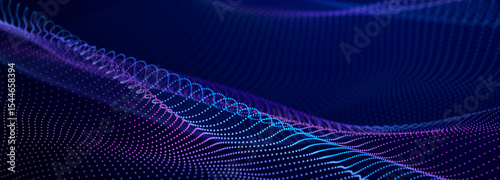 Particle stream. Purple background with many glowing particles. Information technology background. 3d rendering.