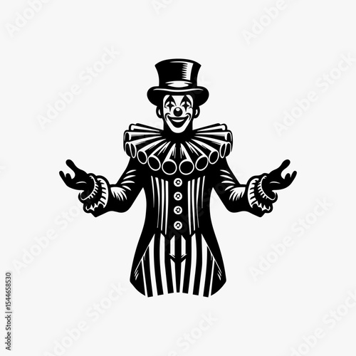 A stylized illustration of a smiling clown wearing a top hat, ruffled collar, and striped suit with open arms.