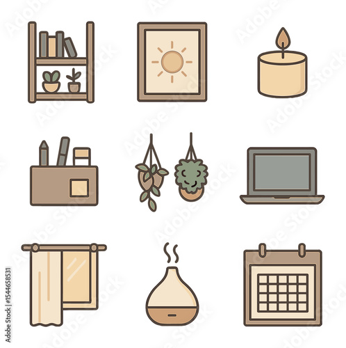 Home Office Icons. Flat icon set of home office aesthetics: modern bookshelf, inspirational poster, candle,
