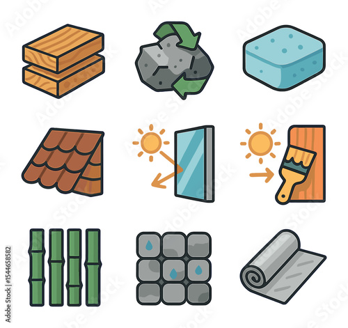Climate Material Icons. Flat icon set of climate-adaptive materials: cross-laminated timber, recycled concrete