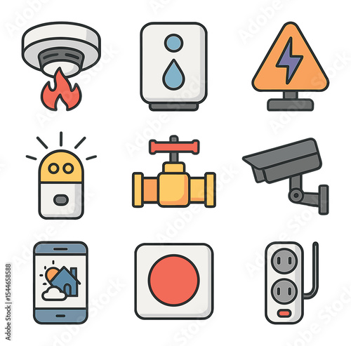 Emergency Response Icons. Flat icon set of emergency home response systems: fire alarm sensor, water leak