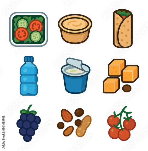 Healthy Lunch Icons. Flat icon set of healthy school lunch items: salad container, hummus dip, whole grain