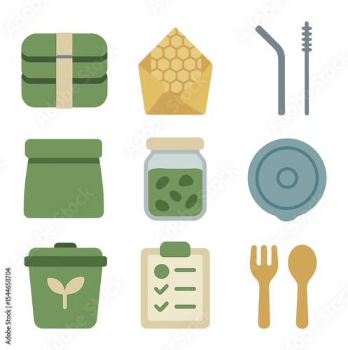 Eco Lunch Icons. Flat icon set of eco-friendly lunch packing: bento box, beeswax wrap, stainless steel straw,