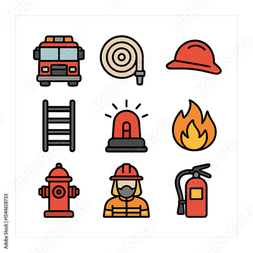 Firefighting Icon Set. Flat icon set of firefighting response: firetruck, fire hose, helmet, ladder, fire