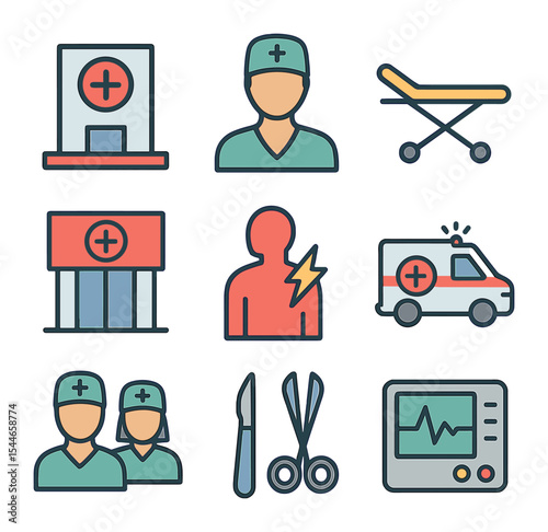 Emergency Icons Grid. Flat icon set of emergency healthcare services: emergency room icon, triage nurse,