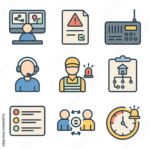 Emergency Response Icons. Flat icon set of emergency response coordination: command center, incident report
