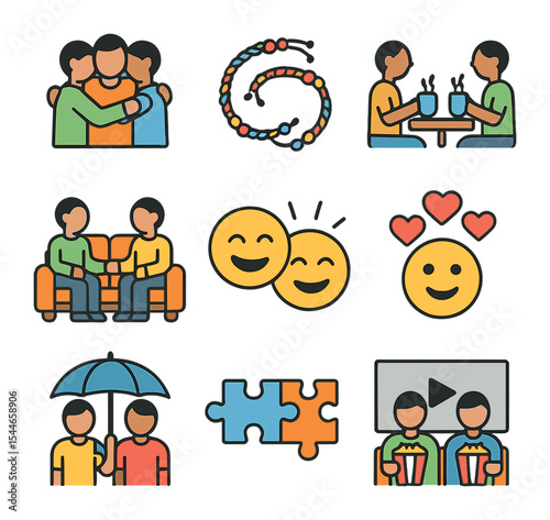 Friendship Icon Collection. Flat icon set of friendship support: group hug, friendship bracelets, coffee chat,