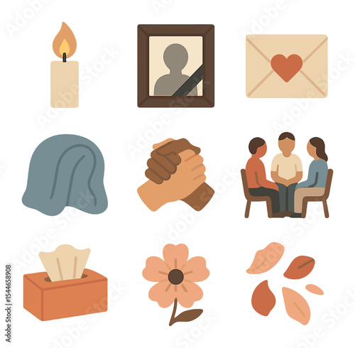 Grief and Healing Icons. Flat icon set of grief and healing: candle flame, photo frame, letter with heart,