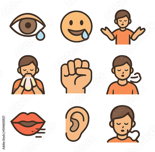 Emotional Expression Icons. Flat icon set of emotional expressions: tearful eye, smile with tear, open arms,