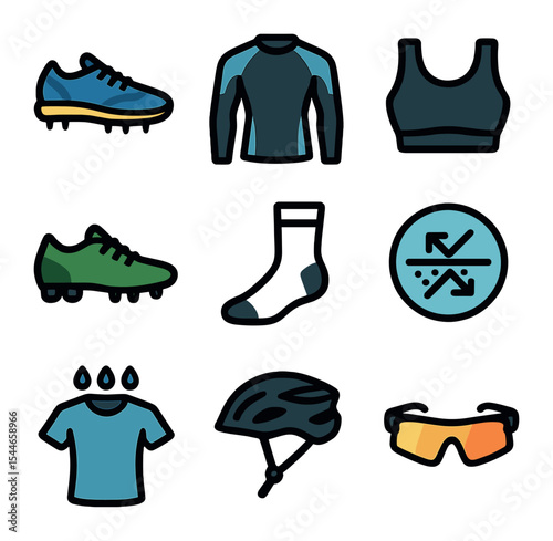 High-Performance Gear Icons. Flat icon set of high-performance gear: running spikes, compression gear, sports