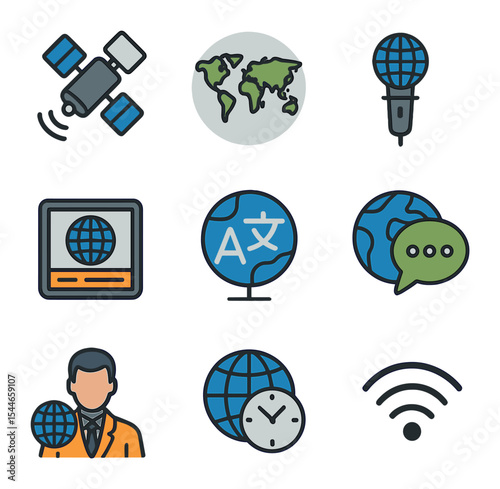 Global Media Icons. Flat icon set of global media networks: satellite, world map icon, international
