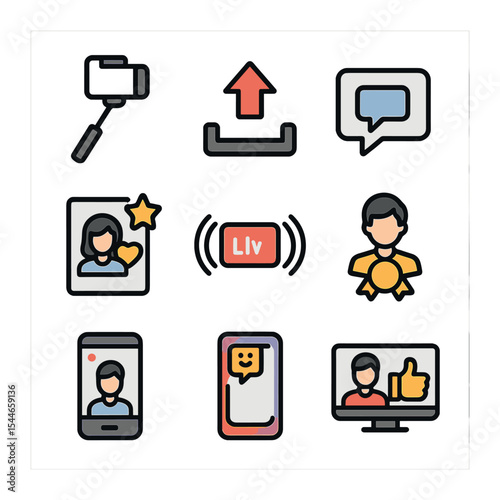 User Content Icons. Flat icon set of user-generated content: selfie stick, upload icon, comment box, fan art,