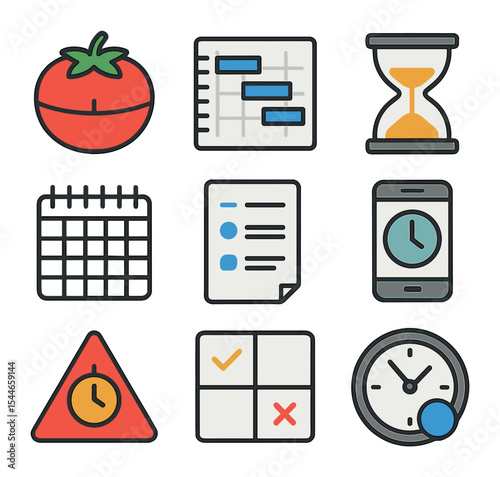 Time Management Icons. Flat icon set of time management methods: pomodoro timer, Gantt chart, hourglass,