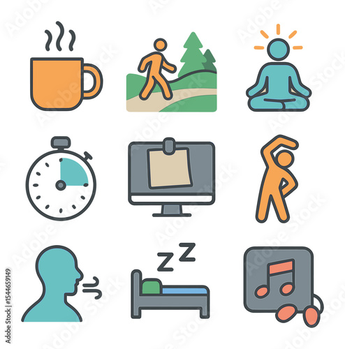 Mental Health Icons. Flat icon set of mental clarity and breaks: coffee mug, nature walk, mindfulness icon,