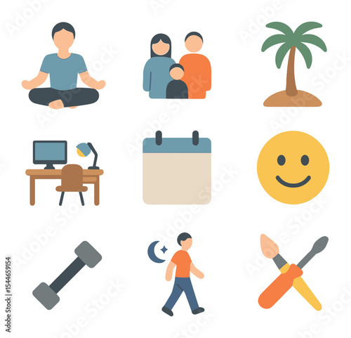 Work-Life Balance Icons. Flat icon set of work-life balance: yoga pose, family icon, vacation palm, home desk,