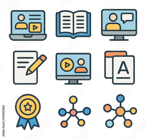 Efficient Learning Icons. Flat icon set of efficient learning methods: online course, open book, learning app,