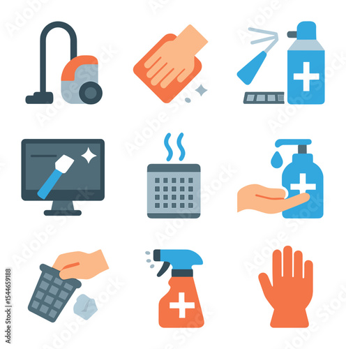 Workspace Cleaning Icons. Flat icon set of workspace cleaning routines: vacuum, desk wipe, keyboard duster,