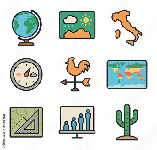 Classroom Geography Icons. Flat icon set of classroom geography projects: globe on stand, weather map, country