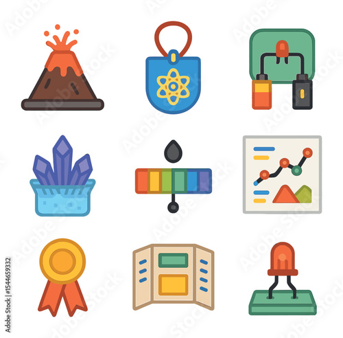 Science Fair Icons. Flat icon set of learning moments in science fairs: volcano model, science badge, circuit
