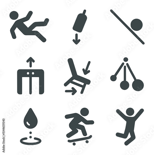 Gravity in Action. Flat icon set of gravity in daily life: person falling, dropped object, ball rolling down