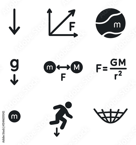 Gravitational Forces Icons. Flat icon set of gravitational forces: attraction arrow, vector diagram, planet