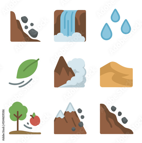 Gravity & Environment Icons. Flat icon set of gravity and environment: rockslide, waterfall, raindrop fall,