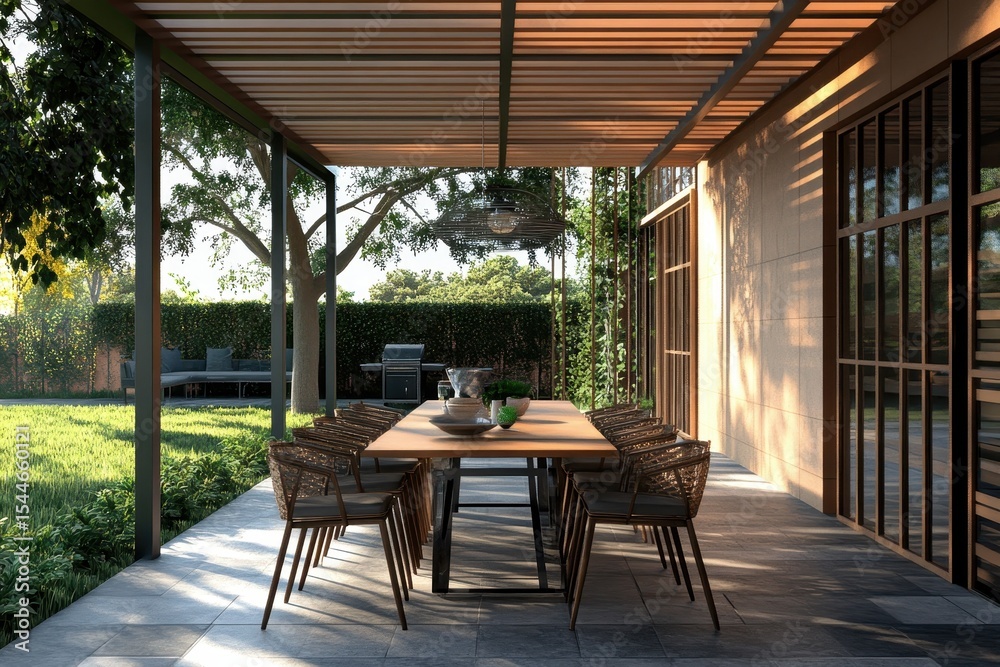 Fototapeta premium Stylish Outdoor Dining Area: Contemporary Furniture with Pergola and Grill for Al Fresco Experiences