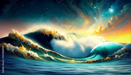 Abstract Ocean Waves Art Golden Teal Swirls and Celestial Design