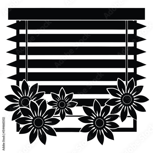 Window blinds with various floral decoration silhouette black vector art design