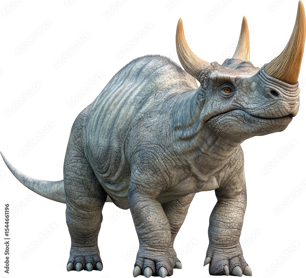 Fototapeta premium Gray prehistoric creature with horns, full body shot.