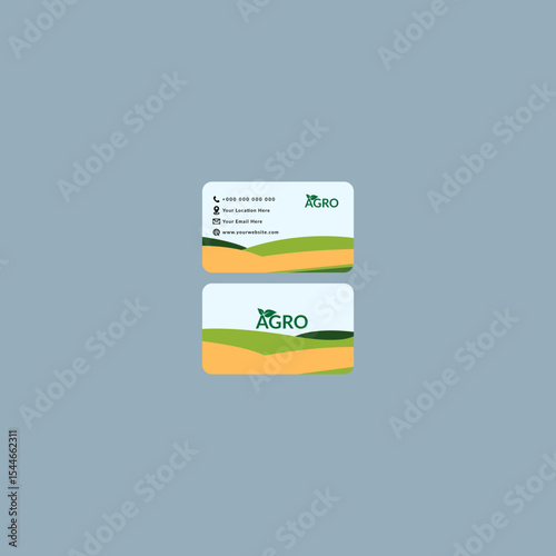 Agro business card design. Fresh nature landscape, ecology collage. Agro business card layout, farmland poster, countryside flyer, Abstract eco green agricultural vector background.
