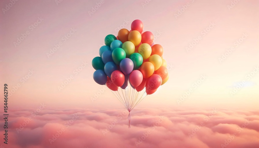 Fototapeta premium Bunch of floating helium balloons in rainbow colors against soft pink sky – minimalist aesthetic with clean background