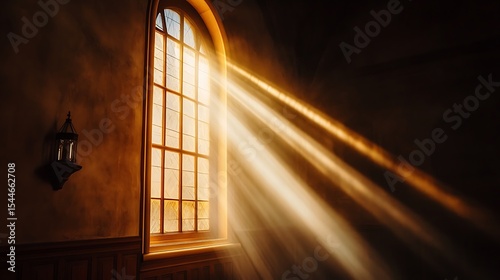 Beams of sunlight streaming through arched window into a dark room interior