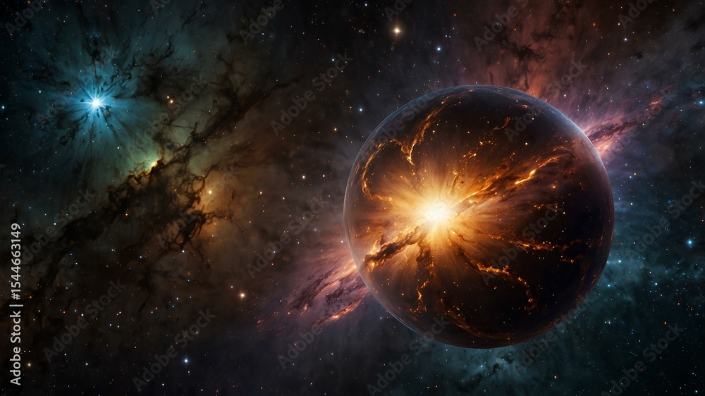 Obraz premium A metallic sphere encapsulating a cosmic nebula, with radiant light bouncing off the surface