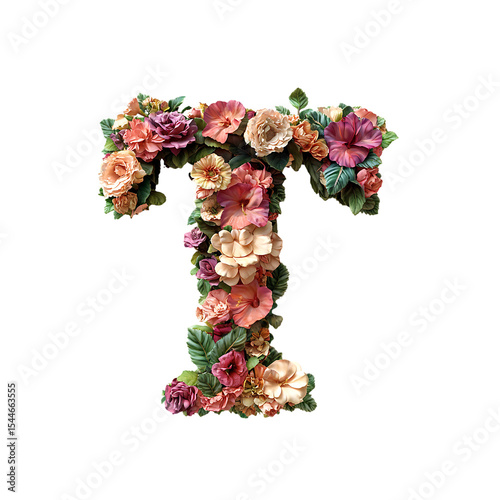 Beautiful floral letter T decorated with flowers isolated on a transparent background, in a PNG format	