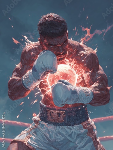 A boxer in full gear, fists raised and ready to punch, with a focused expression under the intense lights of the ring. Motivational concept for boxing enthusiasts.