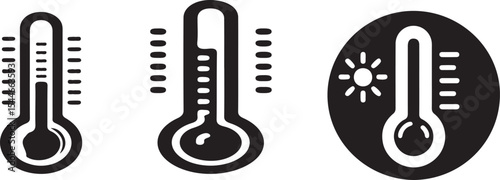 Three thermometer icons displaying varying temperature levels with one indicating sunny and warm weather