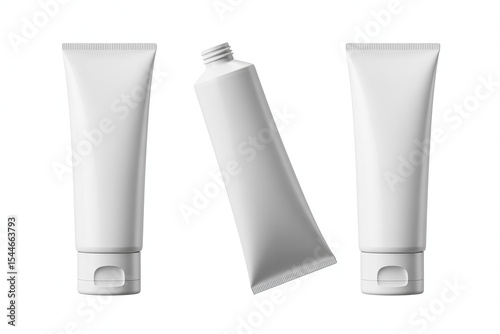 Three Blank White Cosmetic Tubes for Cream or Lotion Packaging Mockup on White
