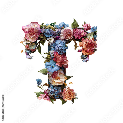 Beautiful floral letter T decorated with flowers isolated on a transparent background, in a PNG format	