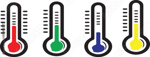 Four thermometers showing different temperatures with red green blue and yellow liquid levels