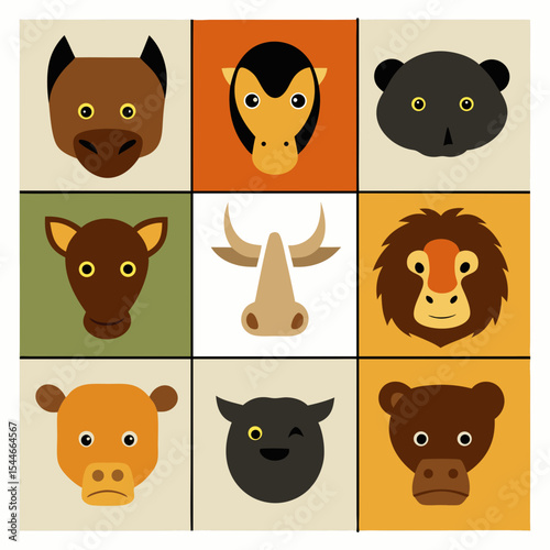 Nine simplified animal faces in a grid