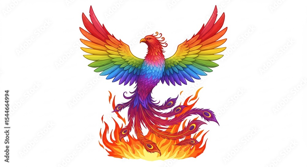 Obraz premium 虹色不死鳥 炎上 羽ばたく 鮮やか 美しい (Niji-iro fushichou enjou habataku azayaka utsukushii) Translation: Rainbow phoenix flames soar vibrant beautiful. AI Generated