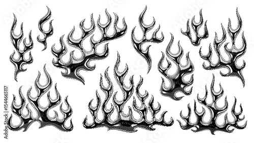 Set of abstract flame shapes in pixel bitmap Y2K halftone style with 3d chrome effect and monochrome palette