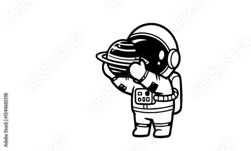 Monochrome Astronaut with Planet  of a cute astronaut holding and observing a striped planet, ideal for minimalist space-themed designs.