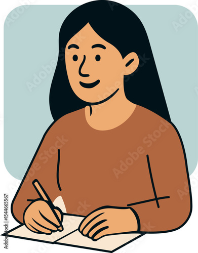 A young woman with long dark hair sits at a table, pensively writing in a notebook. Her expression is one of quiet concentration and contentment.