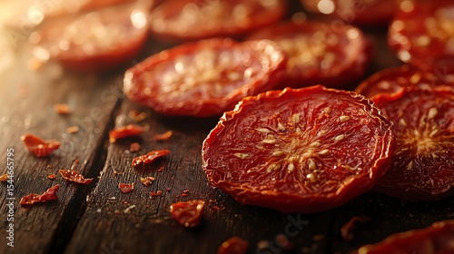 Dried tomatoes on a wooden surface with a soft focus background.