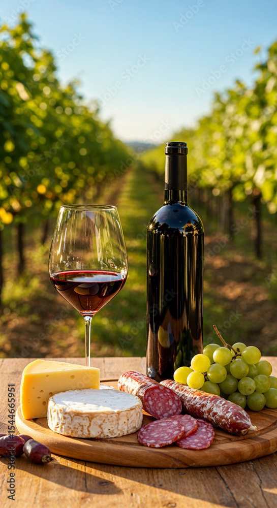 Fototapeta premium Sunlit vineyard scene with a wine glass, bottle, and rustic board of cheeses and meats, framed by lush grapevines.